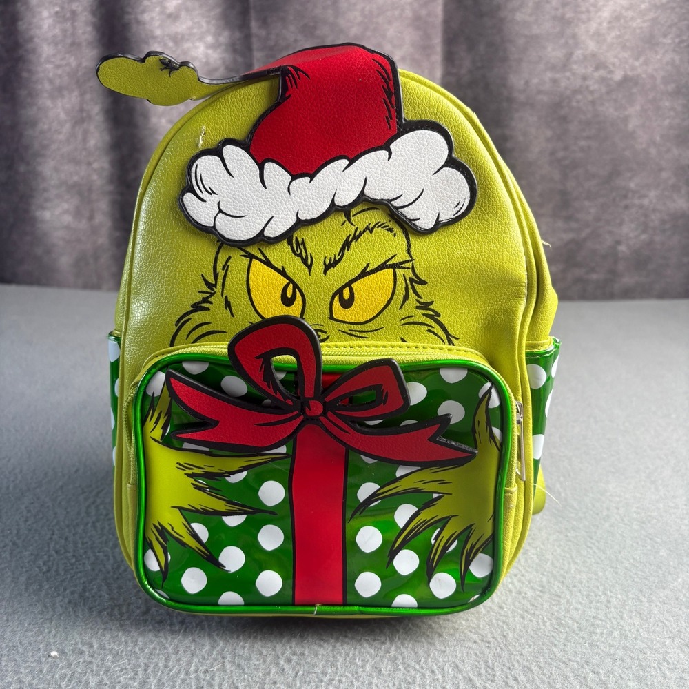 The Grinch Who Stole Christmas Mini Backpack Lime Green Naughty or Nice Zipper